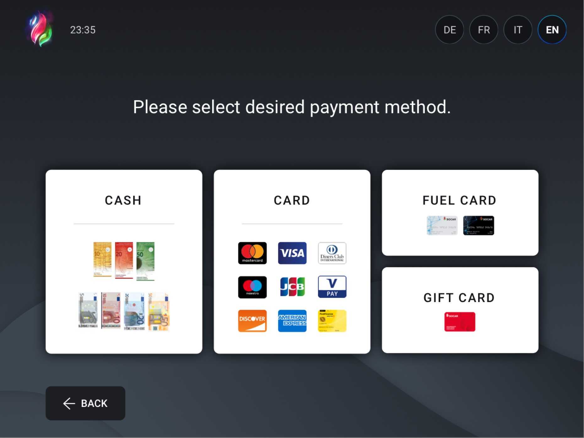 UI design per un sistema embedded in cui gli utenti selezionano il metodo di pagamento nell'esperienza di self checkout