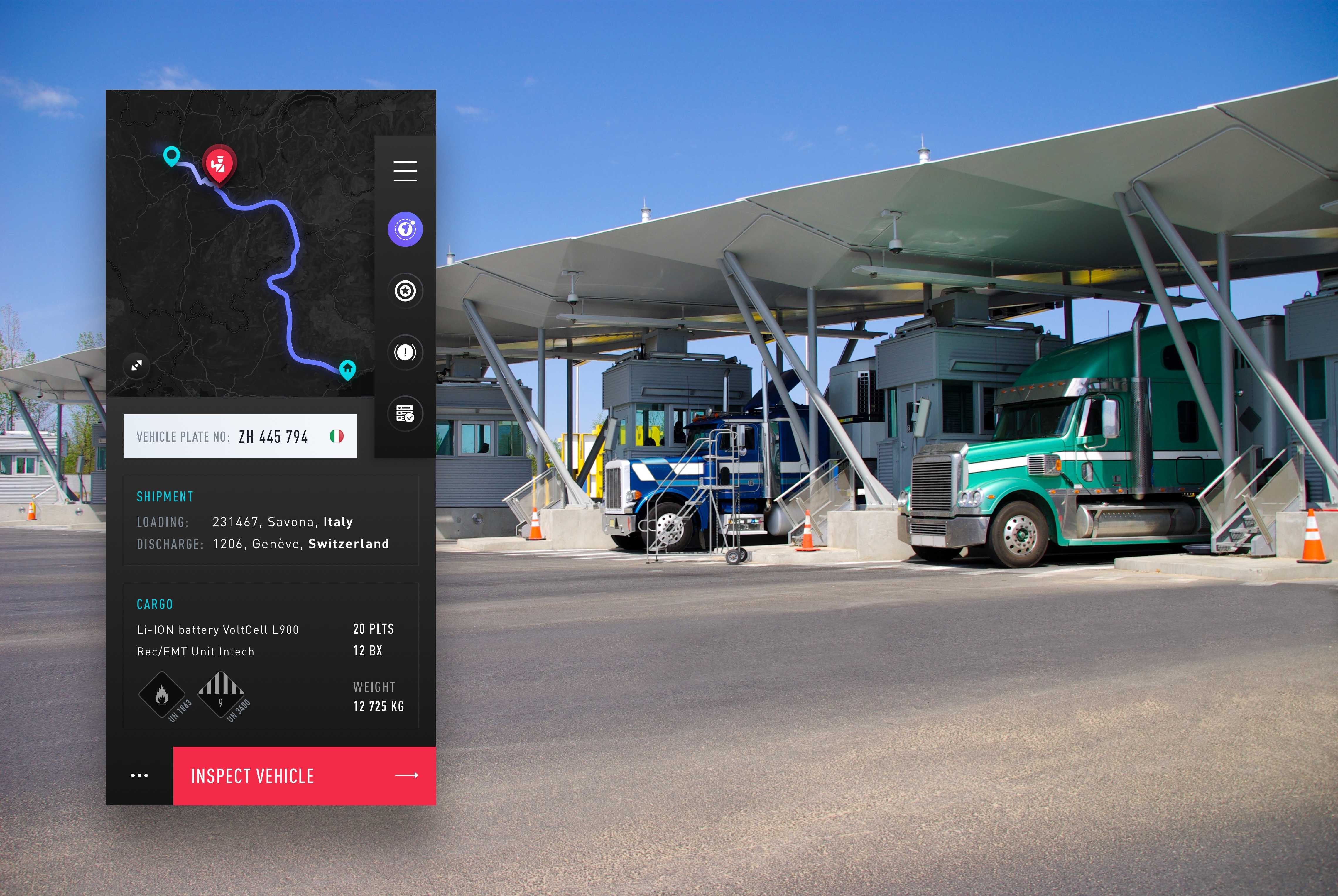 UI Design dell'applicazione di intelligence al valico di frontiera con i camion in attesa sullo sfondo
